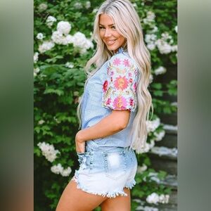 Blue Gingham Top with Floral Embroidered Puff Sleeves and frill neck NWOT